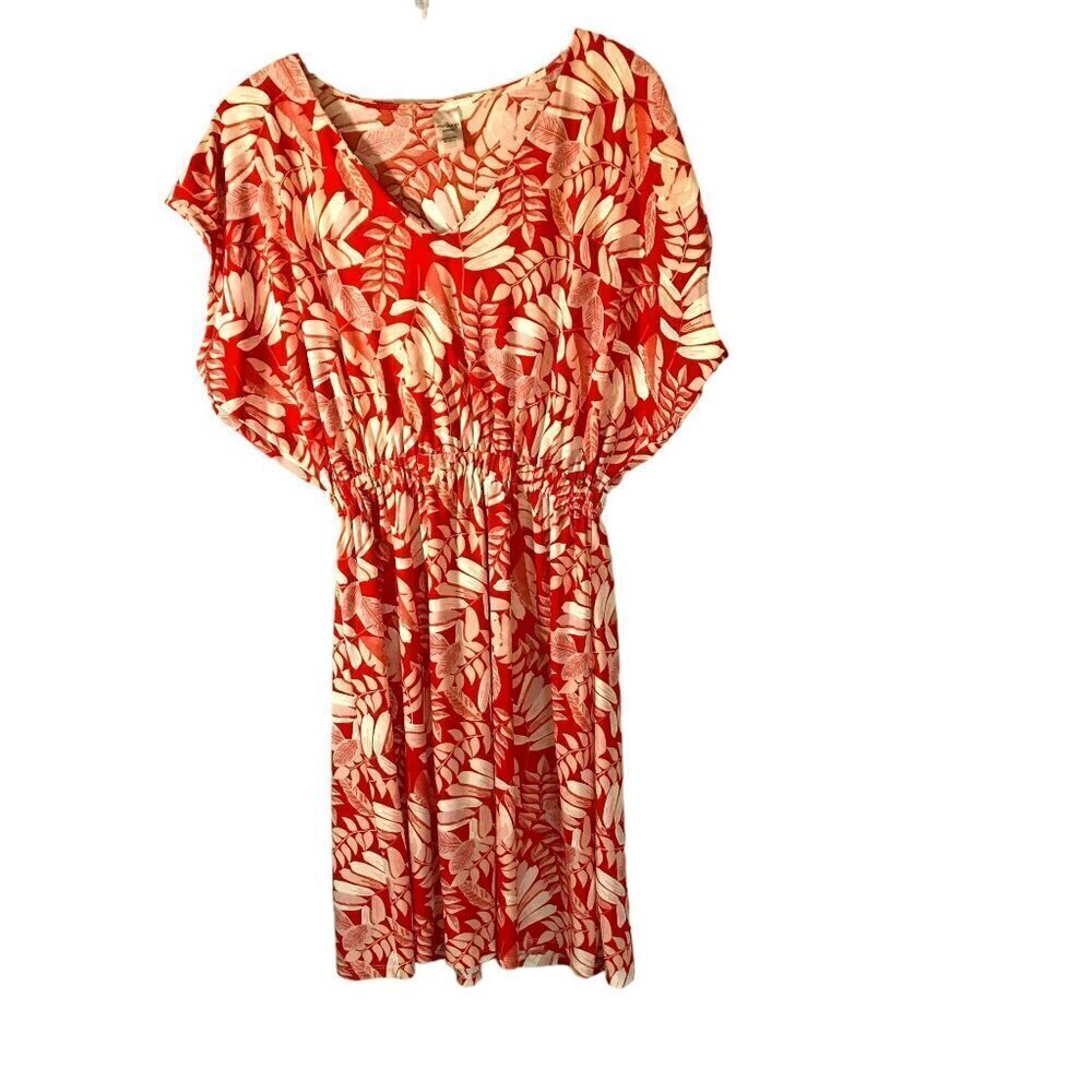 West Loop Dress Gathered Elastic Waist Raglan Sleeve FOrange Floral Size Medium